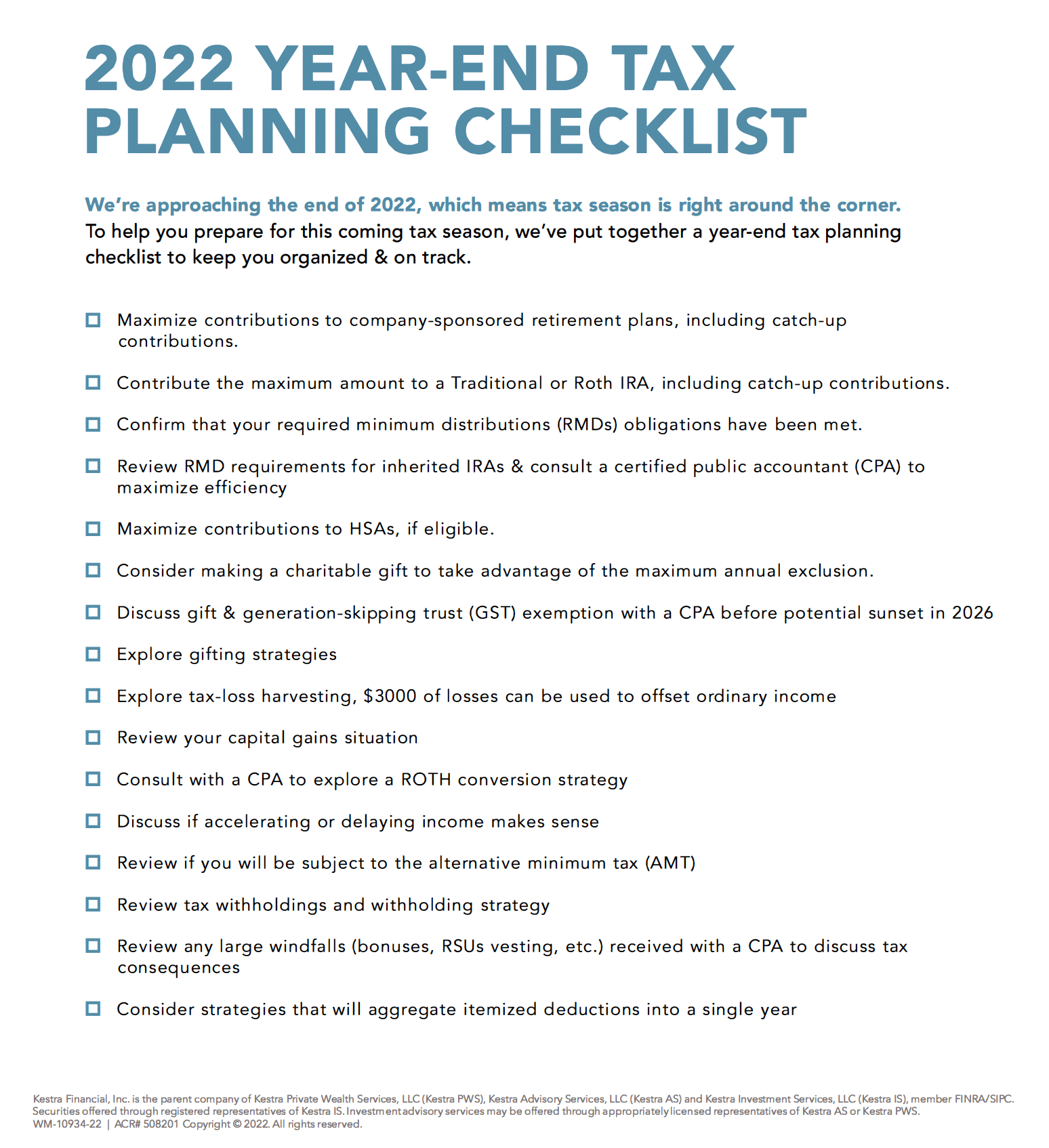 2022 YEAR-END TAX PLANNING CHECKLIST